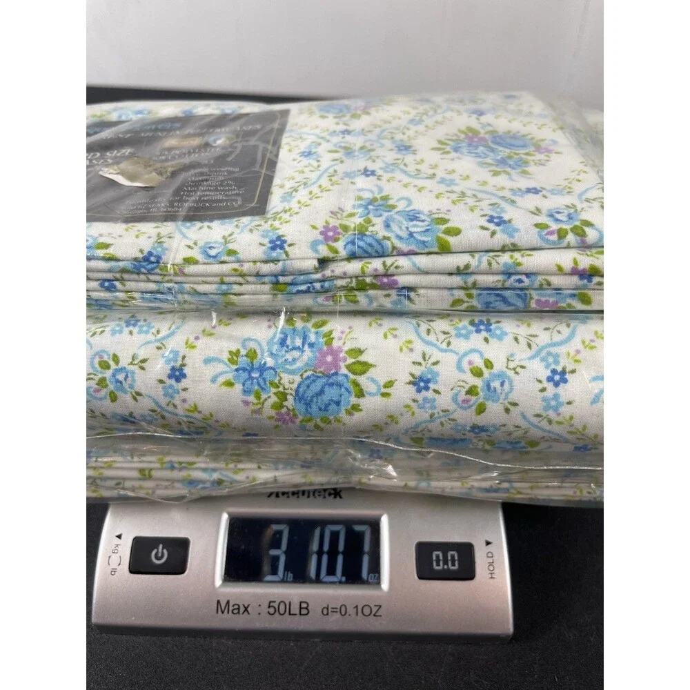 VTG Sears Perma Prest Muslin Antique Flowers Blue Floral Sheet Set Full NOS
